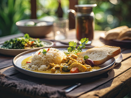 Indian chicken curry with rice in a plate on a wooden table.の素材