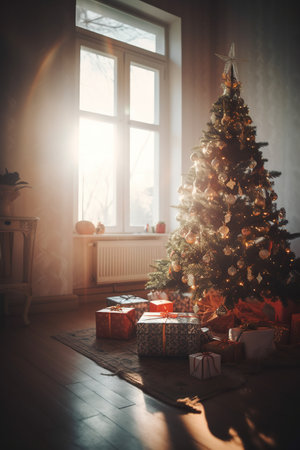 Christmas tree with gifts in the interior of the room with a windowの素材