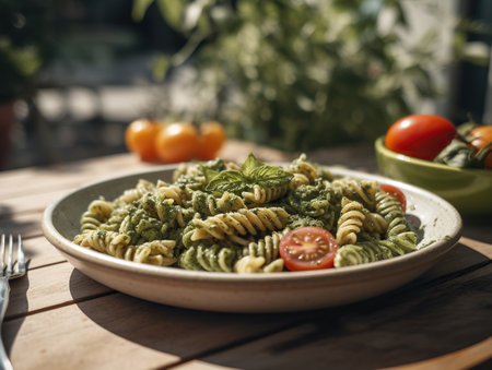 Fusilli pasta with pesto sauce, basil and cherry tomatoesの素材