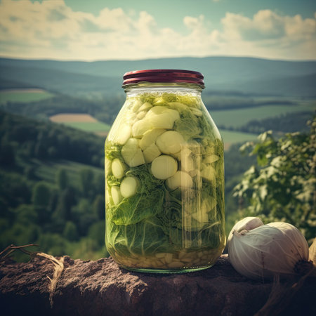 Pickled cabbage in a glass jar on a background of the mountainsの素材