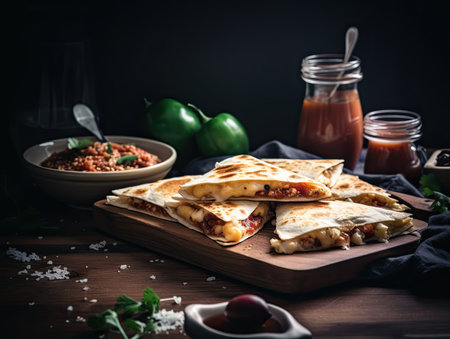 Mexican quesadilla with meat and vegetables on wooden boardの素材
