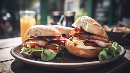 Sandwiches with bacon and vegetables on a wooden table in a cafÃ©の素材