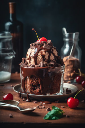 Chocolate ice cream with cherries and chocolate shavings.の素材