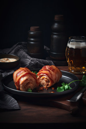 Crispy croissant stuffed with bacon and mushrooms served with beerの素材