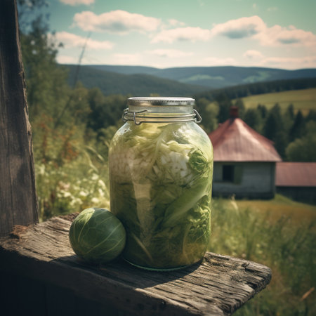 Jar of pickled cabbage on the background of a rural landscape.の素材