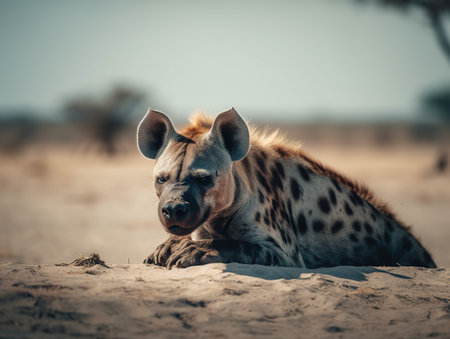 Spotted hyena (Crocuta crocuta) lying in the sandの素材