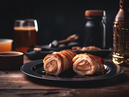 Sausages wrapped in bacon on a black plate on a wooden tableの素材