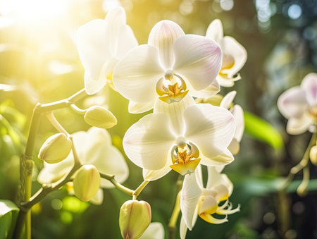 White orchid flower in the garden with sunlight. Natural background.の素材
