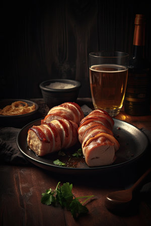 Sliced pork tenderloin wrapped in bacon served with beerの素材