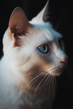 Portrait of a white cat with blue eyes on a black backgroundの素材