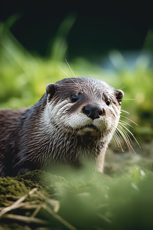 Close up portrait of a wet Asian small-clawed otterの素材