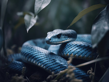 Close up of a blue snake in the forest. Snake in nature.の素材