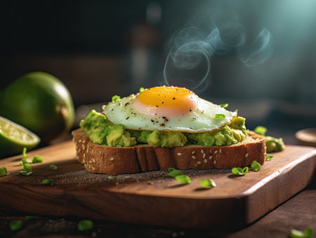 Avocado toast with fried egg on wooden board, close-upの素材