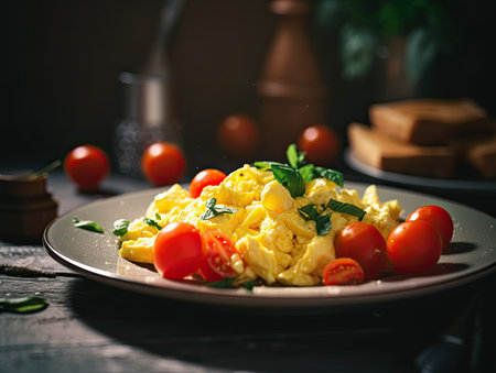 Scrambled eggs with tomatoes and basil on a dark wooden backgroundの素材