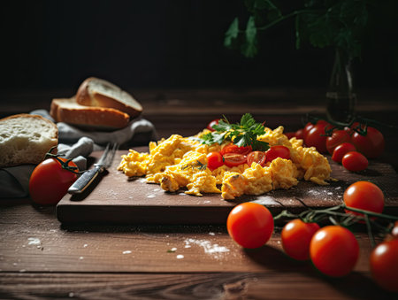 Scrambled eggs with tomatoes and herbs on a wooden board.の素材