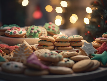 Christmas cookies in the shape of a Christmas tree on a wooden backgroundの素材