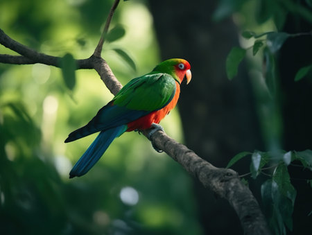 Parrot sitting on a branch of a tree in the forest.の素材