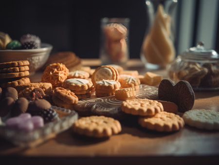 Different kinds of cookies on a wooden table. Selective focus.の素材