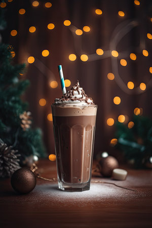 Hot chocolate with whipped cream in a glass on the background of a Christmas treeの素材