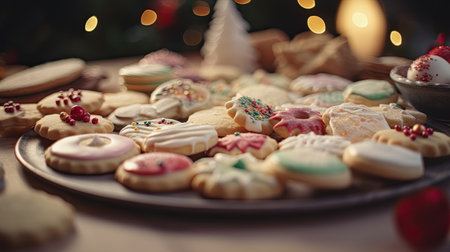 Christmas cookies on a plate on a wooden table with a Christmas tree in the backgroundの素材