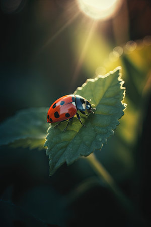 ladybug on a green leaf in the sun rays of lightの素材