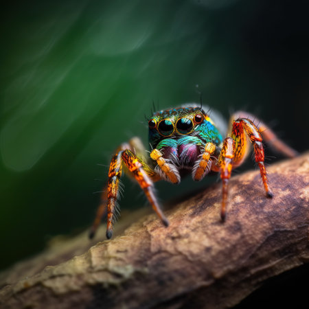 Close-up view of a jumping spider against bokeh jungle background.の素材