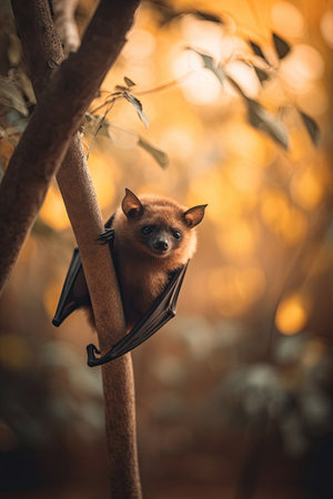 Bat hanging on a tree branch in the forest. Bali, Indonesiaの素材