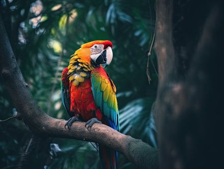 beautiful Scarlet macaw sitting on a branch in the rainforestの素材