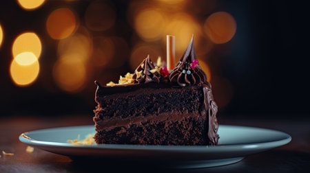 Chocolate cake on a plate on a wooden table with bokeh backgroundの素材