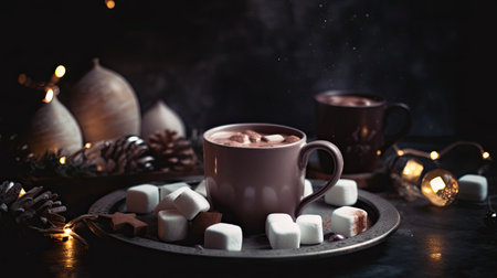 Hot chocolate with marshmallows and christmas decorations on dark backgroundの素材