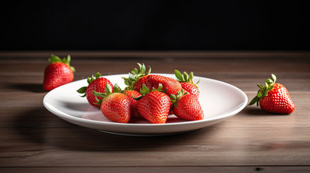 Strawberries on a white plate on a wooden table, black backgroundの素材