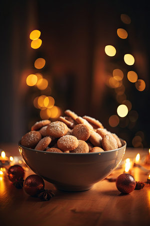 Christmas cookies in a bowl on a wooden table against the background of a Christmas treeの素材