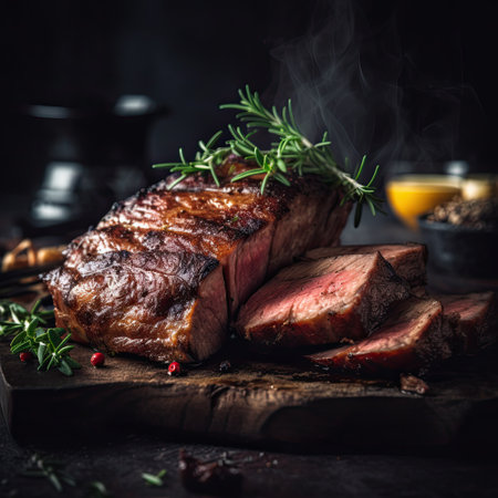 Grilled beef steak with rosemary and spices on a wooden boardの素材