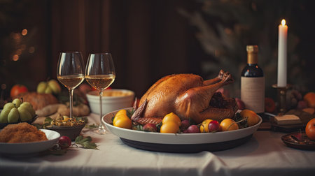 Thanksgiving dinner with roasted turkey, plums and candied fruitの素材