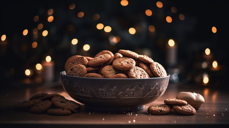 Oatmeal cookies in a ceramic bowl on a wooden table against the background of Christmas lights.の素材