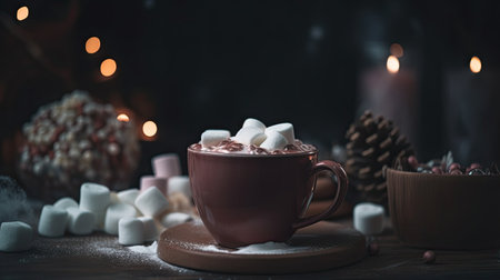 Hot chocolate with marshmallows in a brown cup on a wooden tableの素材