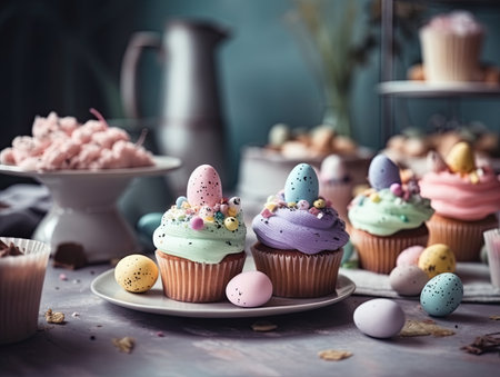 Easter cupcakes with colored eggs on a wooden background. Toned.の素材