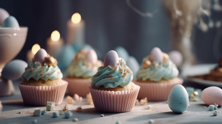 Easter cupcakes with blue butter cream and chocolate eggs on a light backgroundの素材