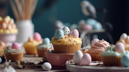 Easter cupcakes with painted eggs on wooden table, selective focusの素材