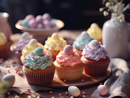 Easter cupcakes with colorful buttercream and sprinkles on wooden tableの素材