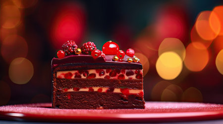 Delicious chocolate cake with berries on blurred lights background, closeupの素材