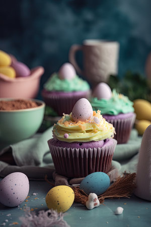 Easter cupcakes with colorful buttercream frosting and chocolate eggsの素材