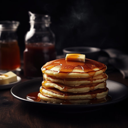 Pancakes with honey and butter on a dark wooden background.の素材