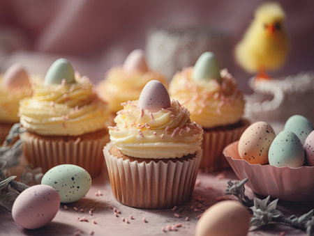 Easter cupcakes with butter cream and chocolate eggs, selective focusの素材