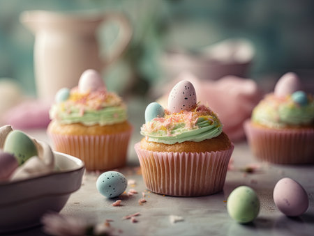 Easter cupcakes with butter cream and chocolate eggs, selective focusの素材