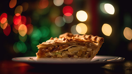 Apple pie on a plate against the background of a blurred Christmas treeの素材