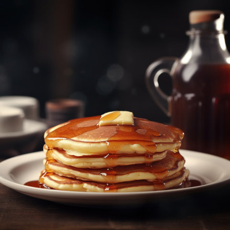 Pancakes with honey and maple syrup on a dark background.の素材