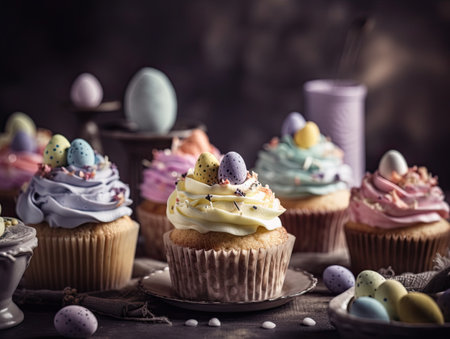 Easter cupcakes with butter cream and colored eggs on wooden backgroundの素材