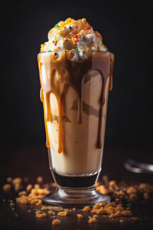 Iced coffee with whipped cream and caramel in a tall glass.の素材