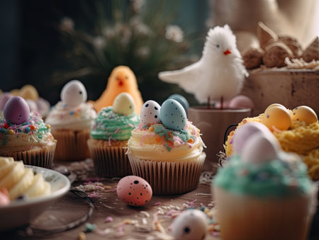 Easter cupcakes decorated with colorful eggs and birds, selective focusの素材